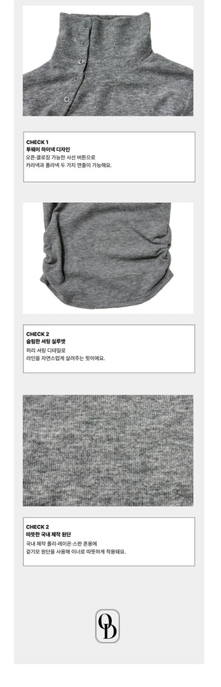 Ible High Neck Polar Diagonal Button Shirring Long Sleeve T-Shirt