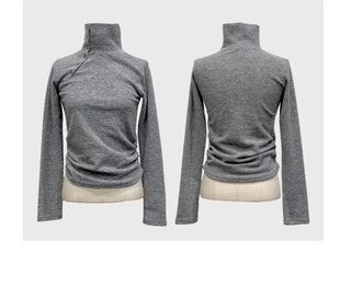 Ible High Neck Polar Diagonal Button Shirring Long Sleeve T-Shirt