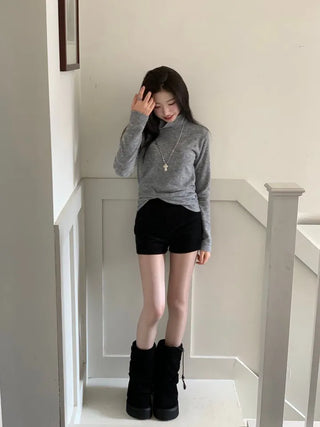 Ible High Neck Polar Diagonal Button Shirring Long Sleeve T-Shirt