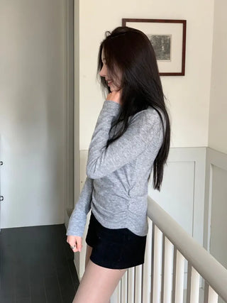Ible High Neck Polar Diagonal Button Shirring Long Sleeve T-Shirt