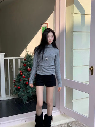 Ible High Neck Polar Diagonal Button Shirring Long Sleeve T-Shirt