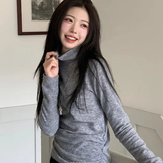 Ible High Neck Polar Diagonal Button Shirring Long Sleeve T-Shirt