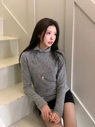 Ible High Neck Polar Diagonal Button Shirring Long Sleeve T-Shirt