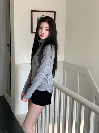 Ible High Neck Polar Diagonal Button Shirring Long Sleeve T-Shirt