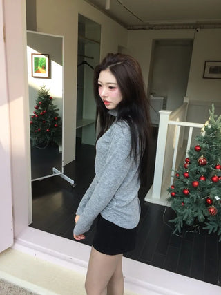 Ible High Neck Polar Diagonal Button Shirring Long Sleeve T-Shirt