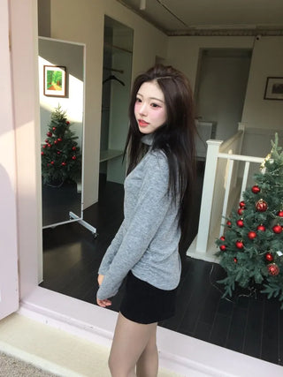 Ible High Neck Polar Diagonal Button Shirring Long Sleeve T-Shirt