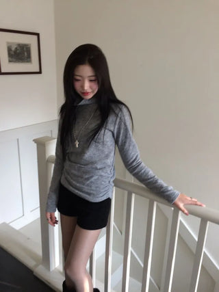 Ible High Neck Polar Diagonal Button Shirring Long Sleeve T-Shirt