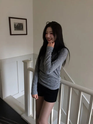 Ible High Neck Polar Diagonal Button Shirring Long Sleeve T-Shirt