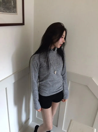 Ible High Neck Polar Diagonal Button Shirring Long Sleeve T-Shirt