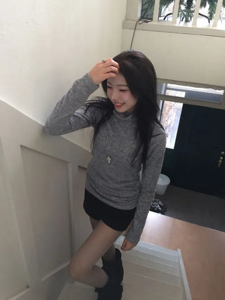 Ible High Neck Polar Diagonal Button Shirring Long Sleeve T-Shirt