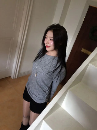 Ible High Neck Polar Diagonal Button Shirring Long Sleeve T-Shirt