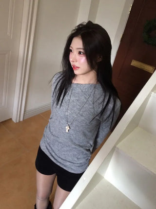 Ible High Neck Polar Diagonal Button Shirring Long Sleeve T-Shirt