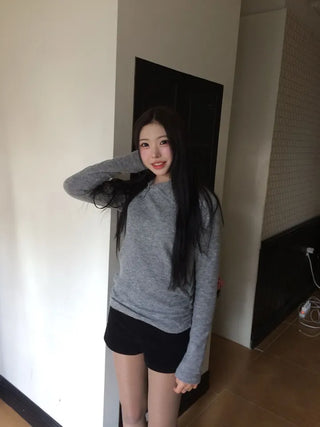 Ible High Neck Polar Diagonal Button Shirring Long Sleeve T-Shirt