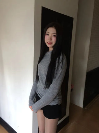 Ible High Neck Polar Diagonal Button Shirring Long Sleeve T-Shirt