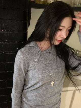Ible High Neck Polar Diagonal Button Shirring Long Sleeve T-Shirt
