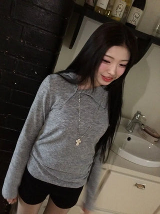 Ible High Neck Polar Diagonal Button Shirring Long Sleeve T-Shirt