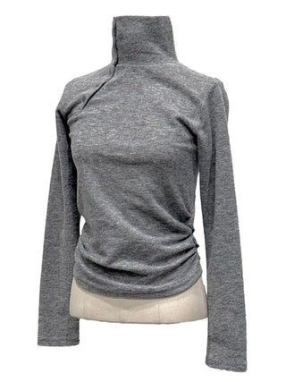 Ible High Neck Polar Diagonal Button Shirring Long Sleeve T-Shirt