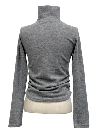 Ible High Neck Polar Diagonal Button Shirring Long Sleeve T-Shirt