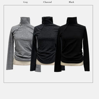 Ible High Neck Polar Diagonal Button Shirring Long Sleeve T-Shirt