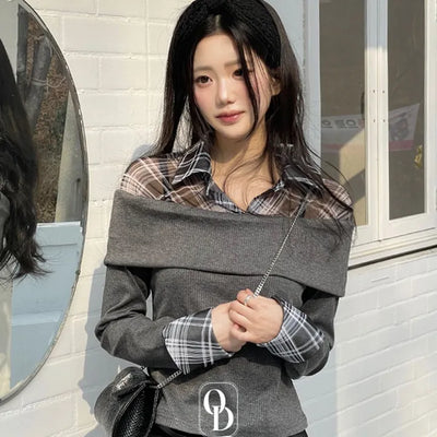 Mare check shirt integrated layered off-shoulder long-sleeved knit