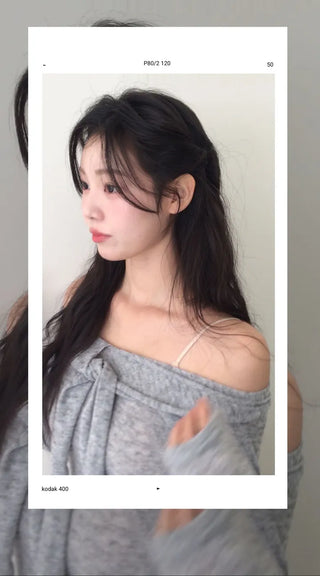Soft Muse yuri glam fit ribbon tie off-shoulder knit