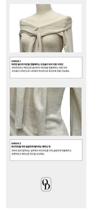 Soft Muse yuri glam fit ribbon tie off-shoulder knit