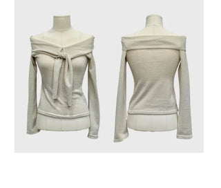 Soft Muse yuri glam fit ribbon tie off-shoulder knit