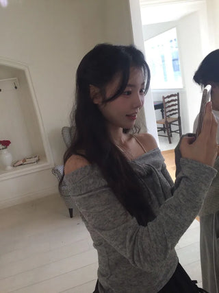 Soft Muse yuri glam fit ribbon tie off-shoulder knit
