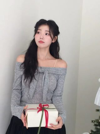 Soft Muse yuri glam fit ribbon tie off-shoulder knit