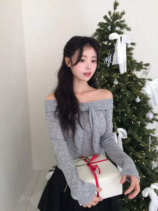 Soft Muse yuri glam fit ribbon tie off-shoulder knit