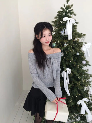 Soft Muse yuri glam fit ribbon tie off-shoulder knit