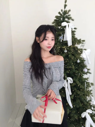Soft Muse yuri glam fit ribbon tie off-shoulder knit