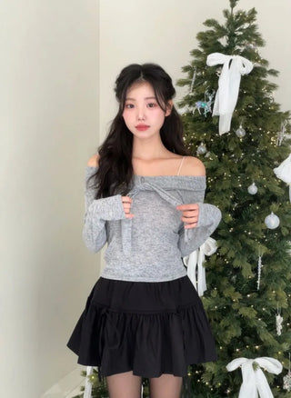 Soft Muse yuri glam fit ribbon tie off-shoulder knit