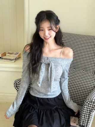 Soft Muse yuri glam fit ribbon tie off-shoulder knit