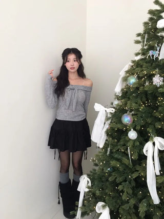 Soft Muse yuri glam fit ribbon tie off-shoulder knit