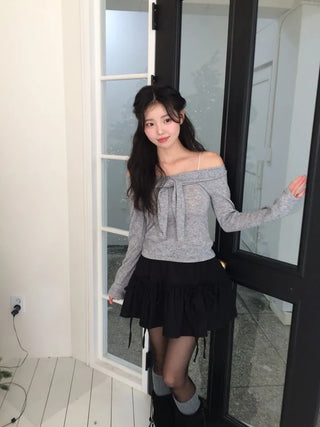 Soft Muse yuri glam fit ribbon tie off-shoulder knit