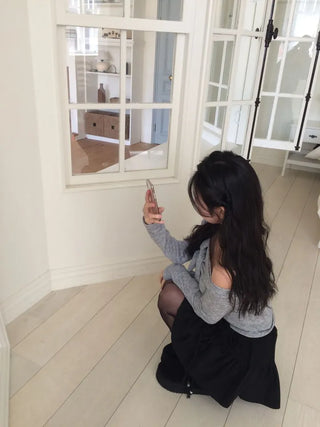 Soft Muse yuri glam fit ribbon tie off-shoulder knit