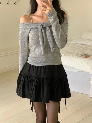Soft Muse yuri glam fit ribbon tie off-shoulder knit