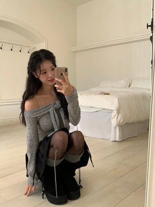 Soft Muse yuri glam fit ribbon tie off-shoulder knit