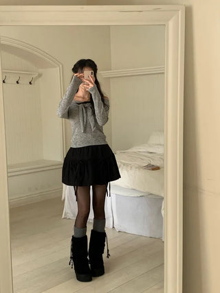Soft Muse yuri glam fit ribbon tie off-shoulder knit