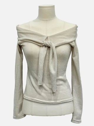 Soft Muse yuri glam fit ribbon tie off-shoulder knit