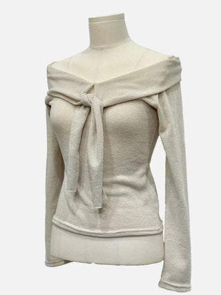 Soft Muse yuri glam fit ribbon tie off-shoulder knit