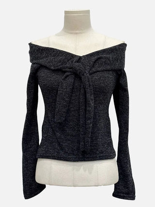Soft Muse yuri glam fit ribbon tie off-shoulder knit