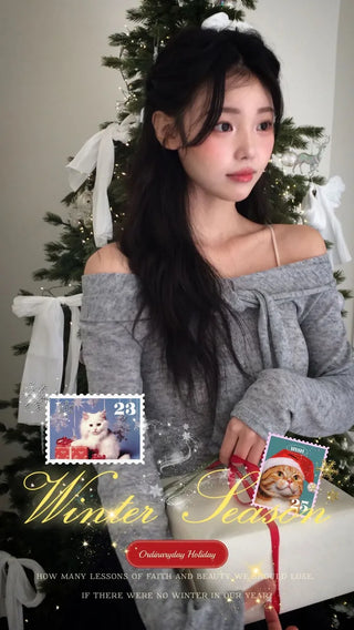 Soft Muse yuri glam fit ribbon tie off-shoulder knit