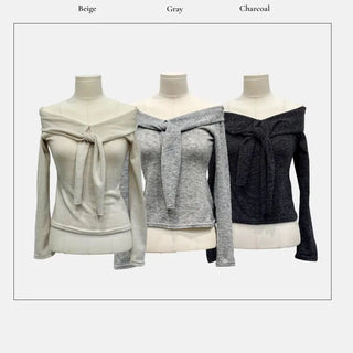 Soft Muse yuri glam fit ribbon tie off-shoulder knit