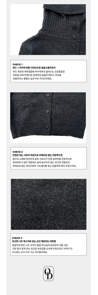 Erin avant-fit high-neck button hooded wool knit zip-up cardigan