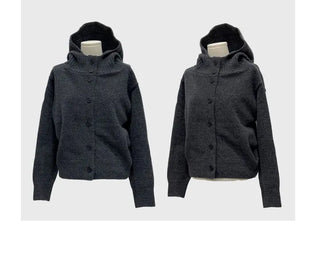Erin avant-fit high-neck button hooded wool knit zip-up cardigan