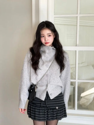 Erin avant-fit high-neck button hooded wool knit zip-up cardigan