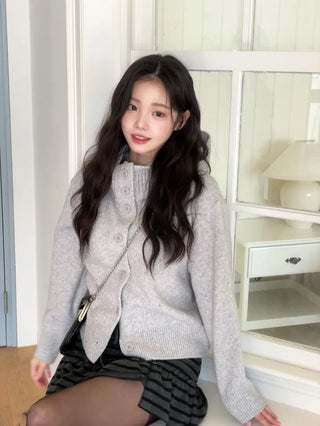 Erin avant-fit high-neck button hooded wool knit zip-up cardigan