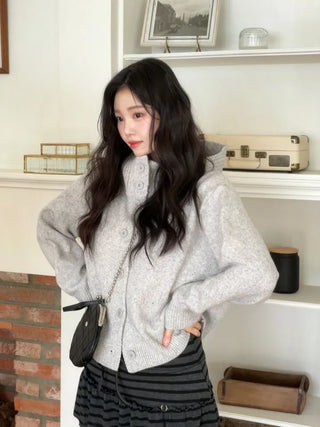 Erin avant-fit high-neck button hooded wool knit zip-up cardigan